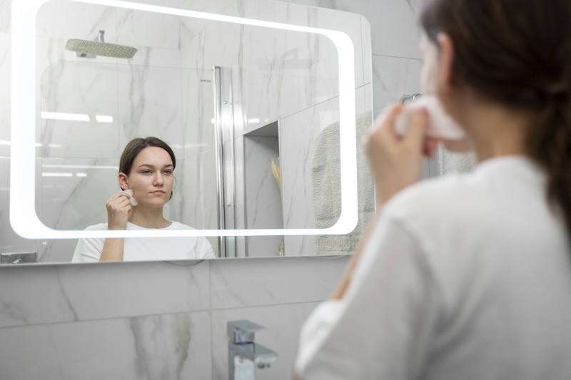 Femme appliquant du maquillage devant son miroir de salle de bain 